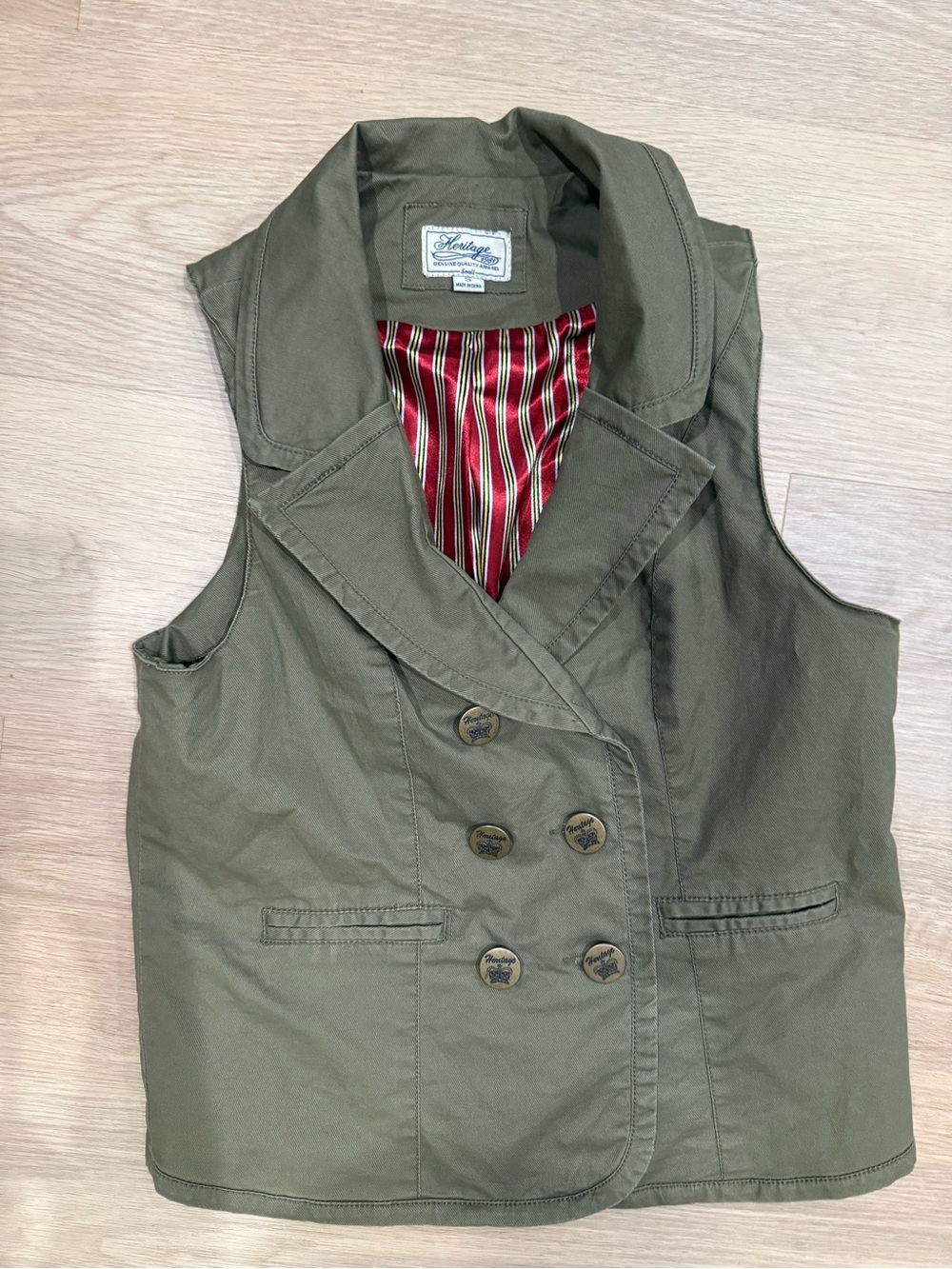 Vintage Heritage Olive Green Vest with Red Striped Lining